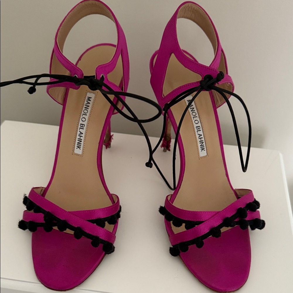 Manolo Blahnik Pink Heels with Black Pom-Poms